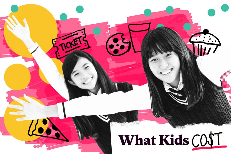 Two tween girls surrounded by doodles including pizza, cookies and milk, movie tickets, cupcakes.